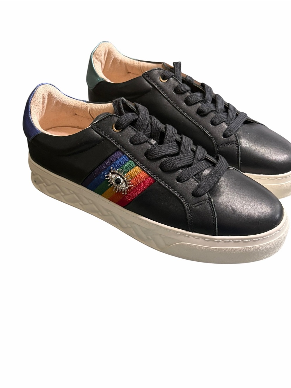 Black Leather Women's Rainbow Stripe Sneakers